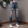 Designer lila gestapelte Jeans Jeans für Männer Männer schwarze Slim Fit Jeans Klassische gedruckte Stickerei