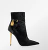 Famous Brand Winter Designer Leather CALF HAIR PADLOCK ANKLE BOOT black Grey Brown Suede Slouchy Woman Bootie embellished play Mid Calf Block Heel Stretch 35-43