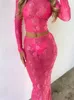 Work Dresses Lace Floral Sheer Mesh 2 Piece Set Long Sleeve Crop Top High Waist Midi Skirt Suits Y2K Outifts Streetwear Party Beachwear