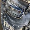 Herrbyxor högkvalitativa hiphop jeans män trend varumärke mode pant europeisk stil blå hål lapp målar smala små raka fat män jean q231201