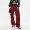 Women's Pants Zoki American Retro Red Hip Hop Cargo Women Fashion Streetwear Loose High Waist BF Wide Leg Y2K Straight Trousers