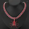 Pendanthalsband Hip Hop Red Spider med isad 12,5 mm bredd Ruby Square Chain Halsband Fashion Charm Kpop Choker Wedding Jewelry