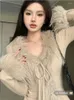Женский вязаный элегантный сексуальный тонкий укороченный свитер, корейский модный однотонный вязаный кардиган, женский винтажный роскошный топ на шнуровке Y2K, старые деньги