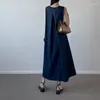 Sukienki swobodne Korea Południowa Dongdaemun Chic francuska prosta design temperamentu sens bez pleców dżinsowy kamizelka nad kolanem długa sukienka lato