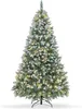 Sapin de Noël artificiel de 6 pieds illuminé avec lumières, pommes de pin, flocage avec 270 lumières LED blanc chaud, 810 pointes de branches en PVC, décorations de fête