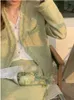 ツーピースドレス秋の緑のツイードセット女性スカート韓国ファッション長袖ジャケットミディスーツヴィンテージファム2ピース衣装231201
