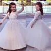 Vestidos de menina manga longa pura pescoço renda apliques inchado tule flor para casamento pageant vestido crianças formal baile comunhão