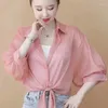 Women's Blouses Fashion Lapel Button Solid Color All-match Bandage Shirt Clothing 2023 Summer Casual Tops Loose Office Lady Blouse
