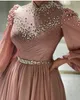 Sweety длиной до пола, розовые вечерние платья трапециевидной формы, жемчуг, бисер, высокая шея, длинные рукава, шифоновые вечерние платья, складки, мусульманское платье для выпускного вечера