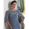 2024 Vintage bleu mère de la robe de mariée Scoop demi manches dentelle appliques en mousseline de soie longueur de plancher robes de soirée d'invité de mariage pour les femmes grande taille