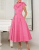 2024 Elegante rosa/blu corto abito da sera formale collo alto con fiocco A-Line lunghezza tè raso abiti da ballo di fine anno Robe de Soiree