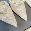 Party Wedding Bridal Aurelie Sandals Shoes Women Pointed-toe Pumps with Pearl Embellishment White Black Lace Party Wedding High Heels EU35-43 With Box