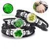 Lysande Shamrock Four-Leaf Clover Armband Glass Cabochon Leather Multilayer flätade armband St Patrick's Day Fashion Jewe285U