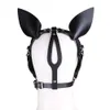 New Massage Leather Fetish Bondage Bandage Head Hood with Silicone Bone Mouth Gag Slave Bdsm Cosplay Horse Ears Eye Mask for Women Sexy Toys