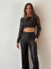 Women's Two Piece Pants Tassel Sequin Women 2 Set Autumn Silver Bright Silk O neck Crop Tops Wide Leg Female Suit Fashion Street Lady Sets 231201