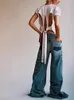 Women s Jeans ZBZA Autumn Patchwork Denim Big Flare Pants Vintage Zipper Streetwear Pocket Wide Leg Tassels Mid Waist 231201