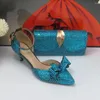 Dress Shoes 2024 Arrival Fashion Teal Blue Crystal Women Wedding With Matching Bags Peep Toe High Pumps Open And Purse