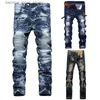 Calças masculinas de alta qualidade homens casuais rasgados jeans lavados em linha reta magro plissado motocicleta motociclista calças jeans masculino calças jeans plus size 42 q231201