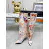 새로운 고원 인쇄 뾰족한 발가락 무릎 부츠 3D 프린트 스틸레토 패션 슬립 온 하이 부츠 최고 품질의 여성 디자이너 자카드 신발 35-41