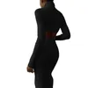 Work Dresses Skinny Turtleneck Long Sleeve Sexy Two Piece Set Women Midriff Crop Top Side Slits Bodycon Skirts Stretchy Robe Wedding Vestido