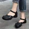 Sandaler Birkuir tjock häl stängd tå kvinnor lyxskor sommar elegant runda äkta läder mitten av damer
