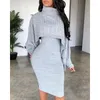 Arbetsklänningar Elegant Autumn Winter Women Outfits Y2K Chic Cloth Classic High Neck Ribbed tröja Rem Corset Bodycon Dress Two Piece Set