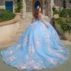 Luxury Sky Shiny Sweetheart Ball Gown Quinceanera Dress For Girls Applques Lace Beads Birthday Party Gowns Prom Dresses Lace Up