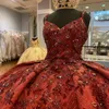 Vermelho brilhante quinceanera vestidos mexicano com decote em v rendas espartilho fora do ombro apliques rendas contas de luxo princesa vestidos 15 de xv anos