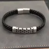 Charme pulseiras estilo simples masculino preto pulseira de couro genuíno clássico aço inoxidável malha montagem trança pulseiras para homem amigo presente