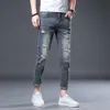 Rasgado para homens magro ajuste azul escuro estiramento calças capri tornozelo comprimento angustiado hip hop jeans s roupas hombre