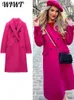 Kvinnor blandar Rose Red Double Breasted Lapel Trench Coat Women Autumn Winter Long Sleeved Loose Female Long Coats Elegant Office Lady Wear 231201