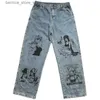 Men's Pants Autumn Korean American retro cartoon graffiti print jeans men and women trendy streetwear hip hop leg pants Q231201