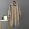 Robes urbaines Sexy CRRIFLZ automne hiver col Polo sous-couche tricoté longue robe ample grandes robes de couleur unie 231130