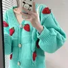 Kvinnors stickor Vintage Loose Fashion Grunge Sweater Jacket V Neck Strawberry Brodery Cardigan Y2K Single-Breasted High Street Chic