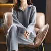 Zweiteilige Damen-Hose, Winter-Kaschmir-Set, lockerer Polo-Pullover, warm, lässig, weites Bein, gestrickt, 100 % reine Baumwolle 231201