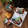Кружки креативный набор кружек с ручной росписью, подглазурная цветная керамическая кофейная чашка в полоску, американская американская ложка с крышкой