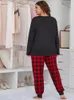 Kvinnors sömnkläder plus storlek Kvinnor Pyjama Ställ långärmad Scroop Neck Top Tee Plaid Pants 2 stycken Kvinnlig kausal hemkläder nattkläder