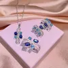 Ensemble collier et boucles d'oreilles pour femmes, bijoux géométriques en Zircon bleu, bague réglable, Simple, mariage, mariée
