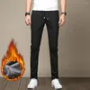 Calças masculinas calças de cor sólida bolso elástico na cintura de pelúcia fino ajuste manter quente cordão meados sweatpants jogger esportiva