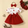 Mädchenkleider 0-3 Jahre Valentinstag geborenes Kleinkind Baby Mädchen Kleid Herzdruck Kurzarm Schleife A-Linie mit Stirnband für