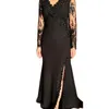 Elegante preto longo mãe da noiva vestidos de luxo frisado renda apliques mangas compridas vestido de convidado de casamento lado split com decote em v cetim formal vestidos de noite 2024