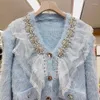 Kobiety dla kobiet wiosna jesień kobiety naśladowanie norki kaszmirowa krótka dzianina kurtka kardigan perłowa z koralikami diamentowymi koronkowymi szwami Sweter z dzianiny