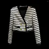 Women's Jackets PREPOMP 2023 Winter Arrival Black White Striped Velvet V Neck Double Breasted Buttons Tweed Short Jacket Women GM542