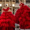 Elegant Red Tiered Ball Gown Evening Dresses One Shoulder Women Prom Dress Tulle Puffy Ruffles Birthday Party Gowns