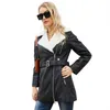 Women's Trench Coats High Quality Leather Coat For Women Big Size Plush Lining With Belt Winter 2023 Elegant Clothes - Black Brown Blue