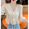 Blusas femininas floral impresso rendas até doce kawaii camisa verão na moda babados decote em v blusa fina casual chique curto topos femininos