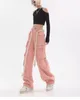 Damesjeans roze cargobroek hoge taille recht casual baggy Y2K wijde pijpen grunge streetwear stijl denim broek