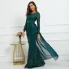 Casual Dresses Partysix Green Long Sleeved Dress Off Shoulder Tassel Sequin Evening Women Sexy Corss Back Party