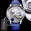 JC Astronomia Herrenuhr Tourbillon Baguette, weiße Diamanten, Übergröße, 47 mm, automatisches blaues skelettiertes Zifferblatt, Saphirglas, Schweizer Armbanduhr