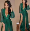 Prom Dresses Dark Green Evening Gown Party Formal Zipper Lace Up New Custom Plus Size V-Neck Long Sleeve Chiffon Thigh-High Slits Pleat A Line